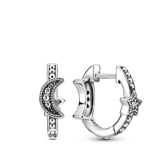 Pandora Crescent Moon & Stars Beaded CZ Hoop Earrings