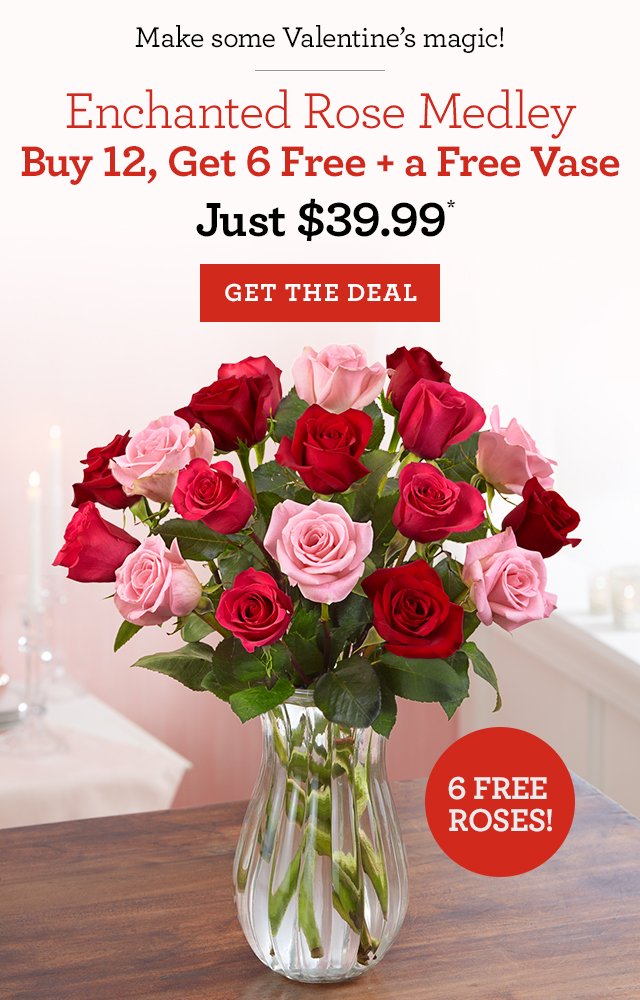 Make a little Valentine's Magic! Enchanted Rose Medley Buy 12, Get 12 Free + Free Vase Just $39.99 GET THE DEAL 