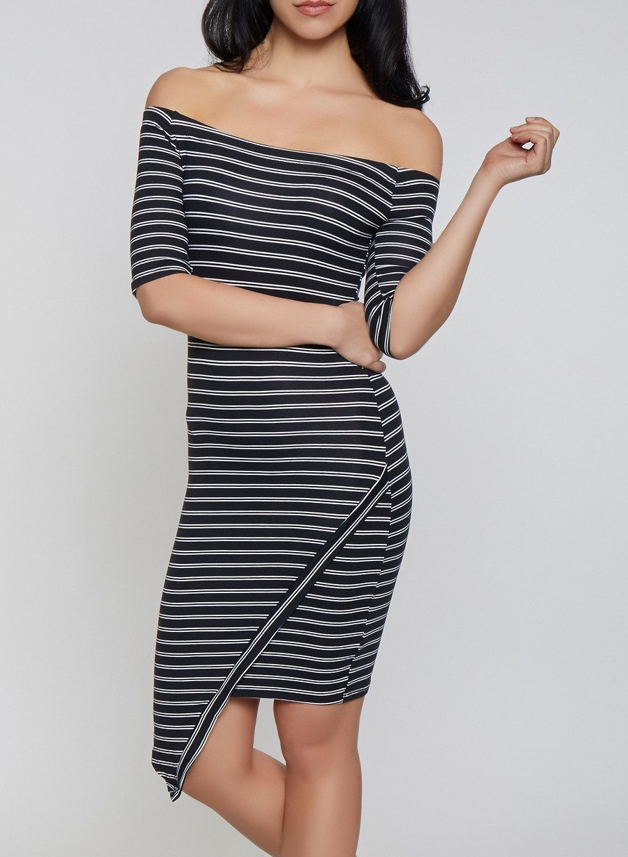 Striped Off the Shoulder Asymmetric Hem Dress