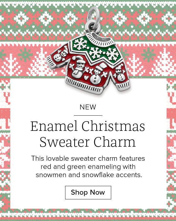 NEW - Enamel Christmas Sweater Charm - This lovable sweater charm features red and green enameling with snowmen and snowflake accents. Shop Now