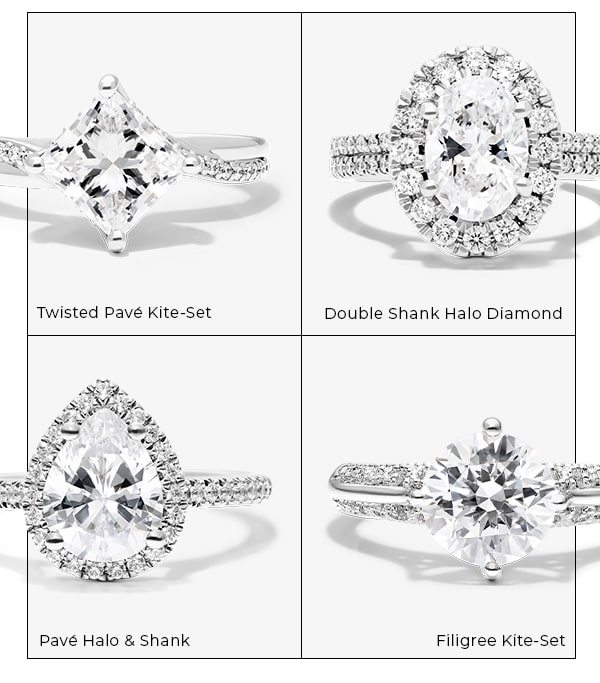 Twisted Pavé Kite-Set & Double Shank Halo Diamond & Pavé Halo & Shank & Filigree Kite-Set