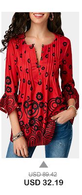 Pleated Button Detail Flare Sleeve Red Blouse