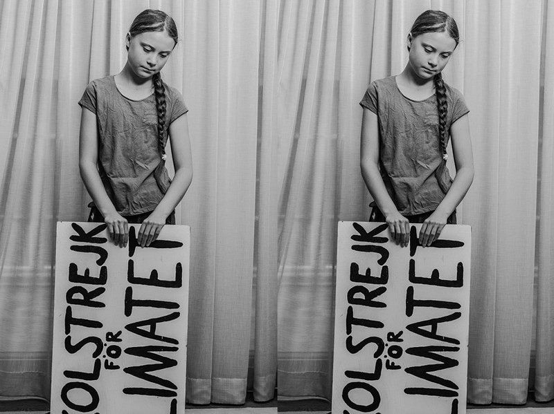 The same black-and-white image side-by-side three times: it shows Greta Thunberg, 16-year-old climate striker, wearing a t-shirt and braid and looking downwards; held sideways with one end resting on the floor is her iconic protest sign reading %22SKOLSTREJK FOR KLIMATET%22 (%22SCHOOL STRIKE FOR CLIMATE%22 in Swedish)