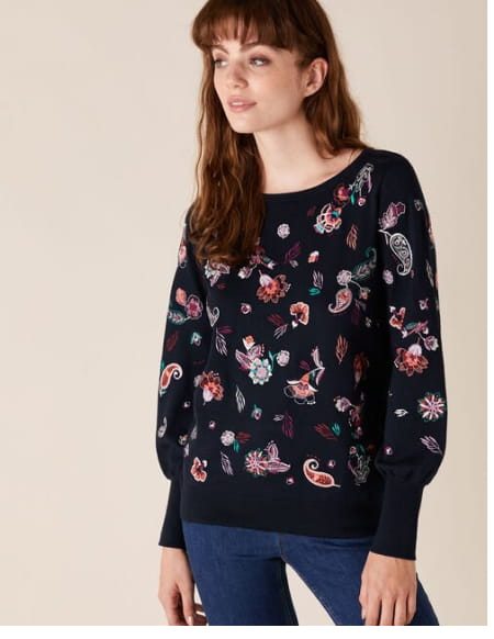 Paisley embroidered jumper with sustainable viscose blue