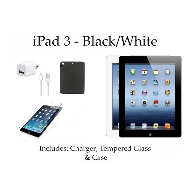 Apple iPad 3 32GB Bundle (Case, Charger, Tempered Glass) - Black or White