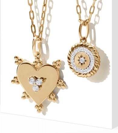 Image showcasing two Shaped Gold Necklaces, a Heart and aWheel.