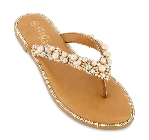 Rhinestone Trim Faux Pearl Thong Sandals