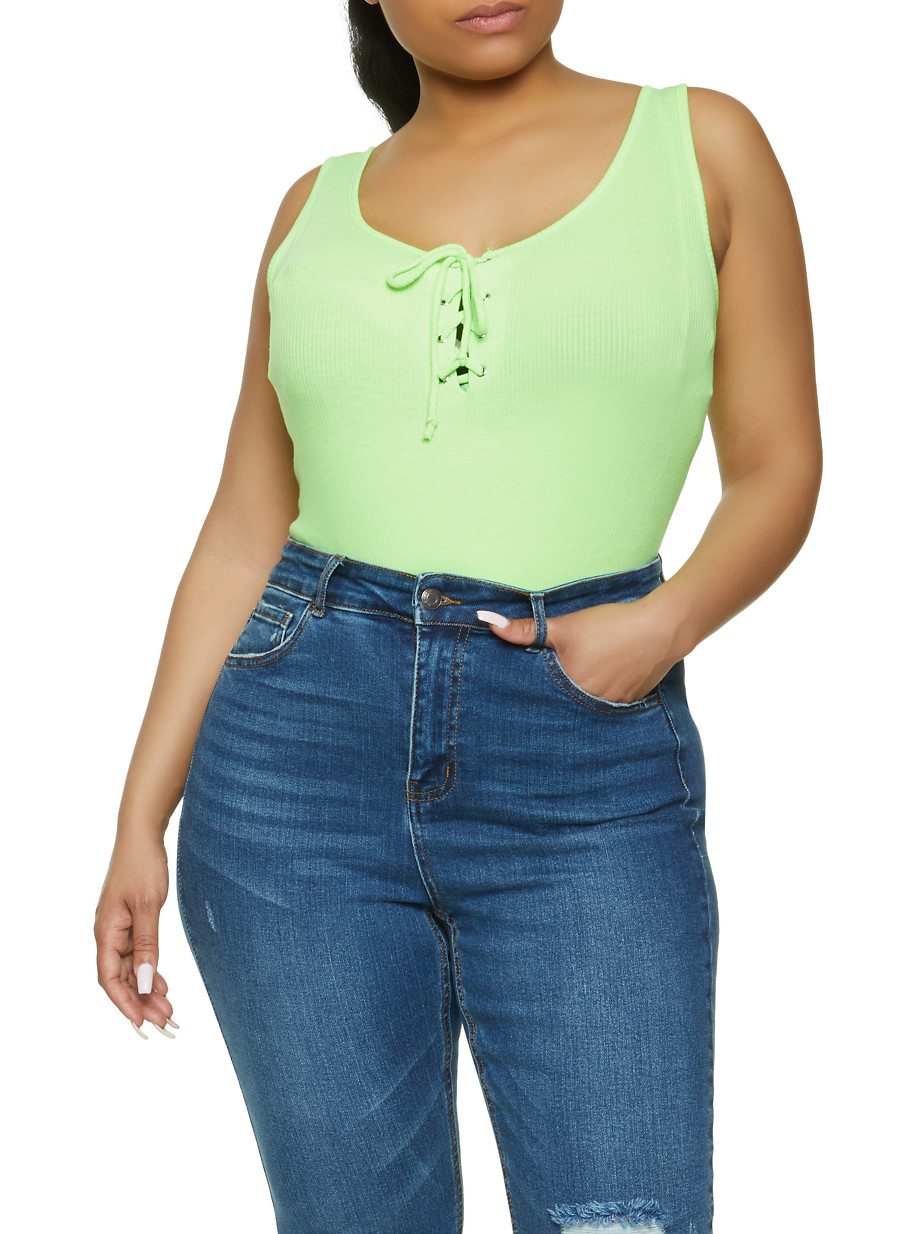 Plus Size Lace Up Ribbed Bodysuit