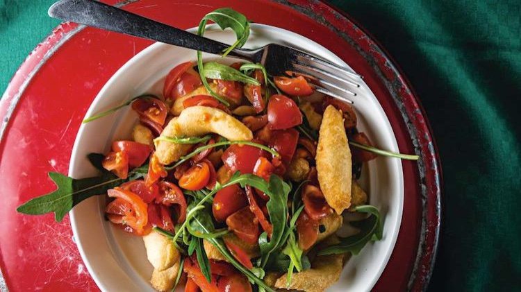 Angioletti Fritti con Rucola e Pomodori (Fried Dough with Arugula and Grape Tomatoes)