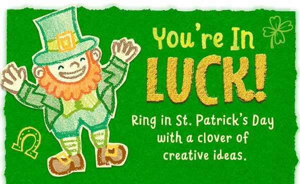 Ring in st. Patricks day with a clover of creative ideas, with crayon drawn smiling leprechaun