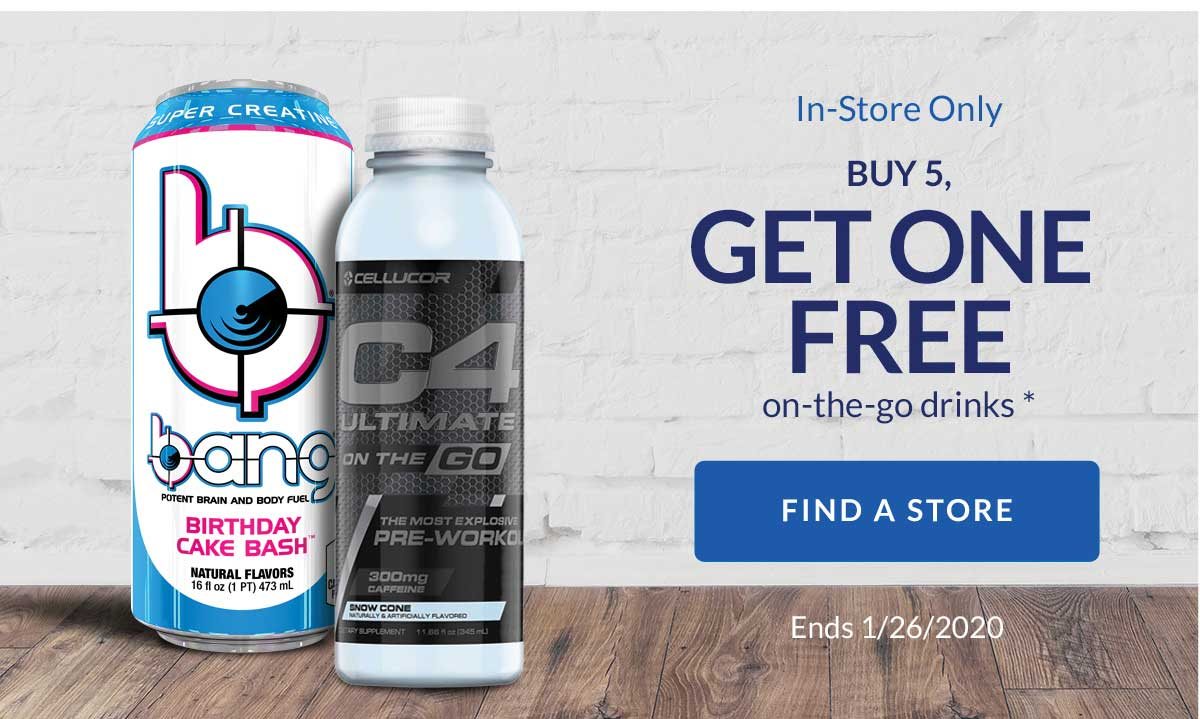 in-store only | buy 5, get one free on-the-go drinks | find a store | ends 1/26/2020