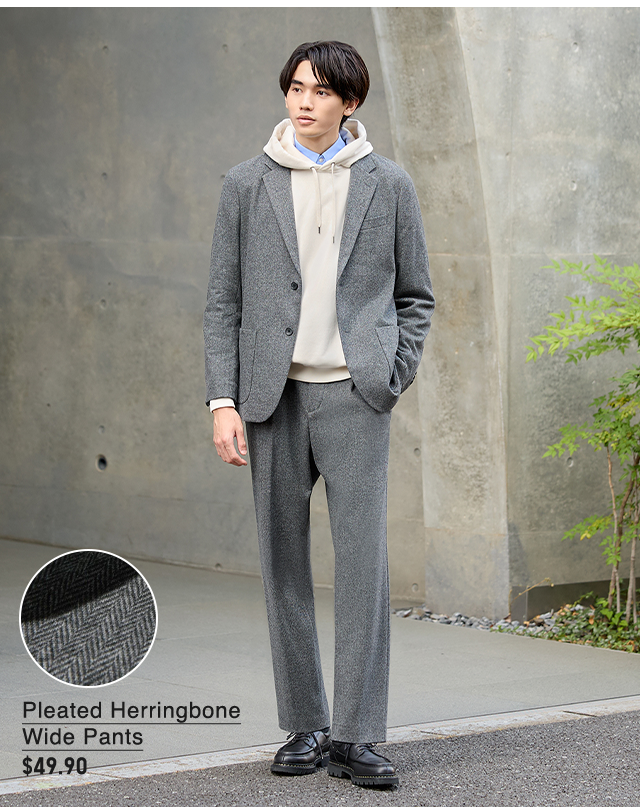 PDP1 - MEN PLEATED HERRINGBONE WIDE PANTS