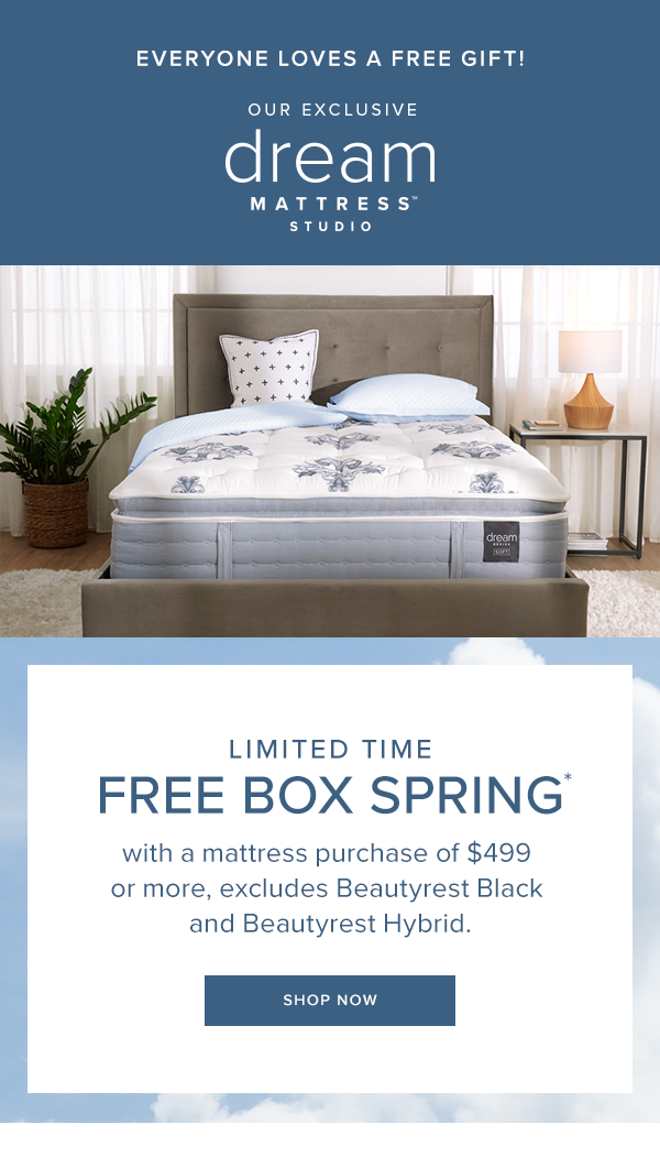 everyone loves a free gift! our exclusive dream mattress studio. Limited Time free Box Spring. with a mattress purchase of $499 or more, excludes Beautyrest Black and Beautyrest Hybrid. shop now.