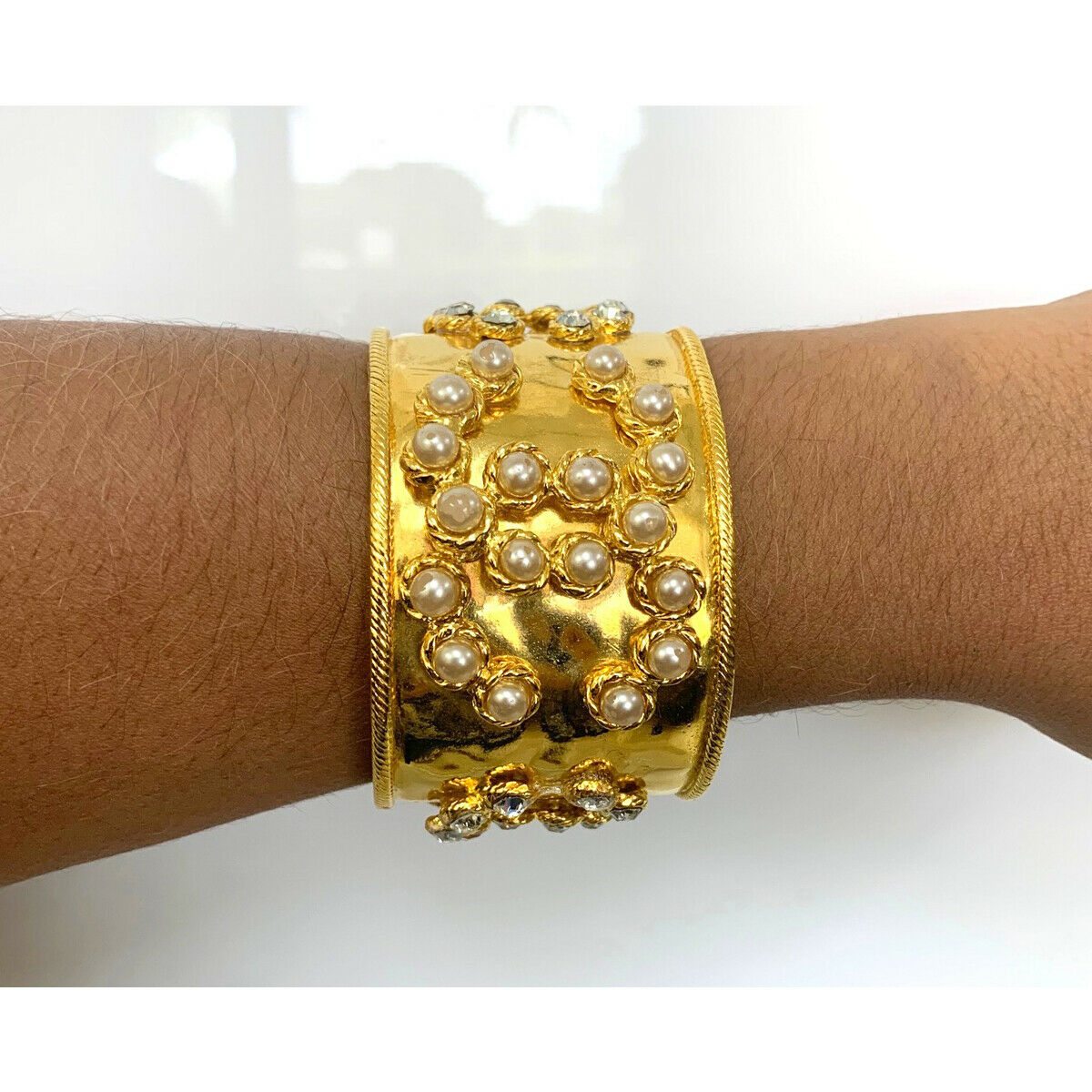 Image of CHANEL Gold Tone Pearl & Crystal Wide Cuff Bracelet 