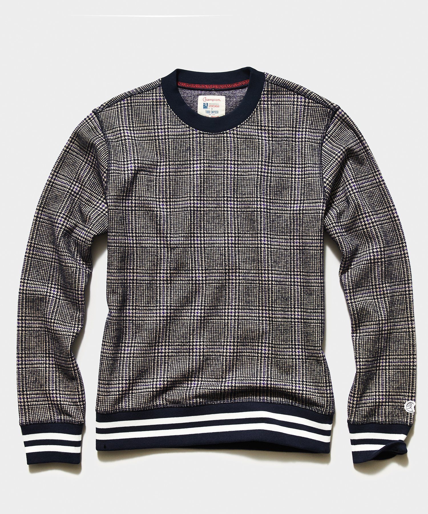 Image of Champion Wool Glenplaid Crewneck Sweatshirt in Navy