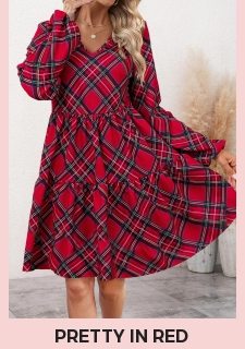 Wine Red Patchwork Plaid Long Sleeve V Neck Dress