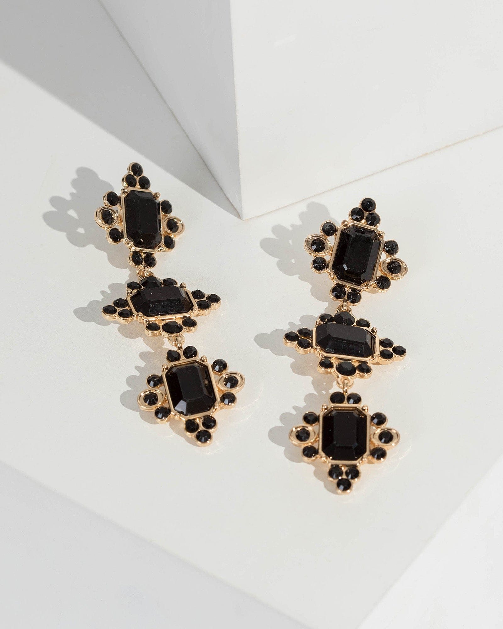 Image of Black Art Deco Drop Stud Earrings