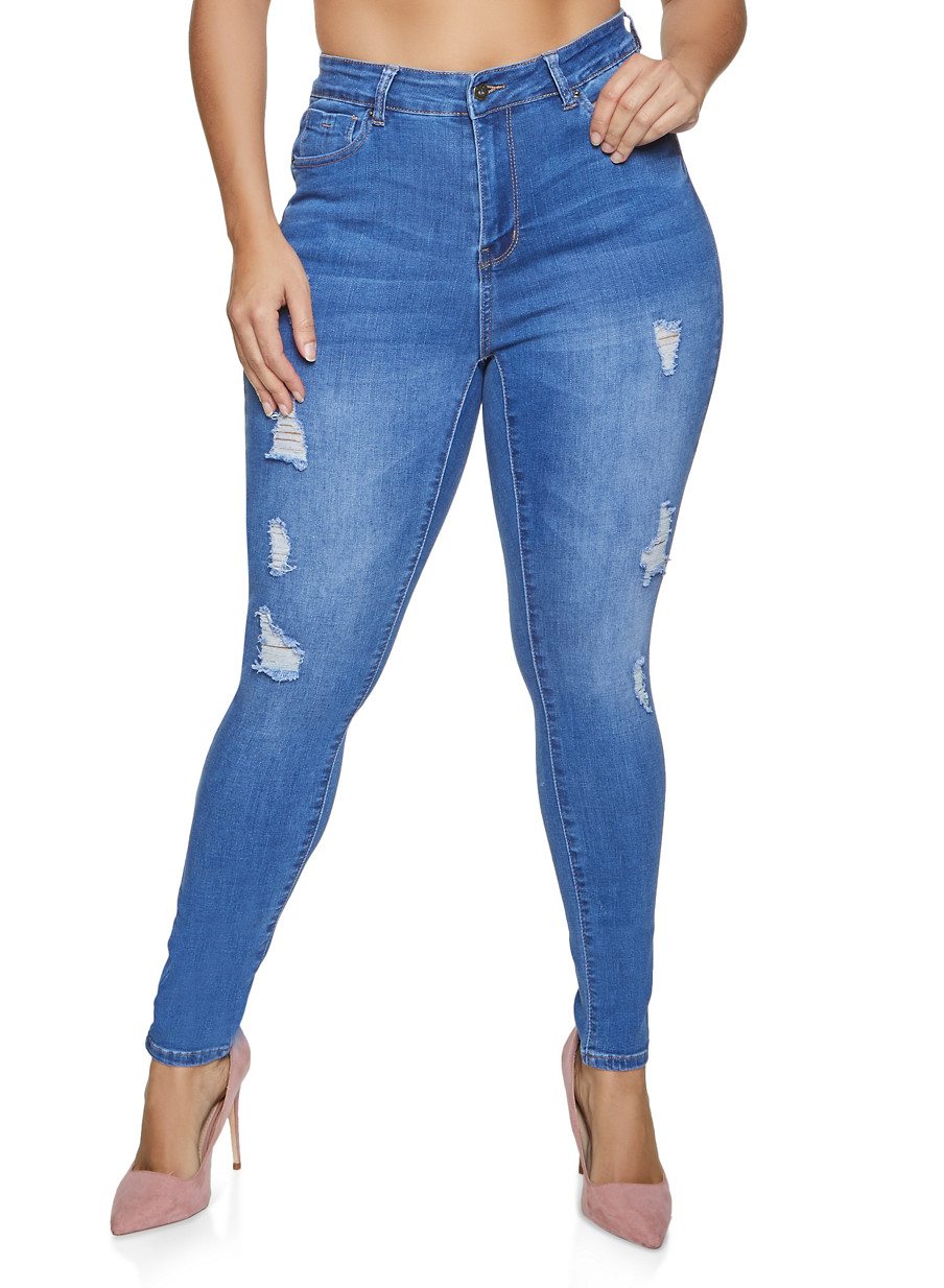 Plus Size WAX Mid Rise Distressed Jeans