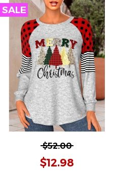 Red Patchwork Christmas Print Long Sleeve T Shirt