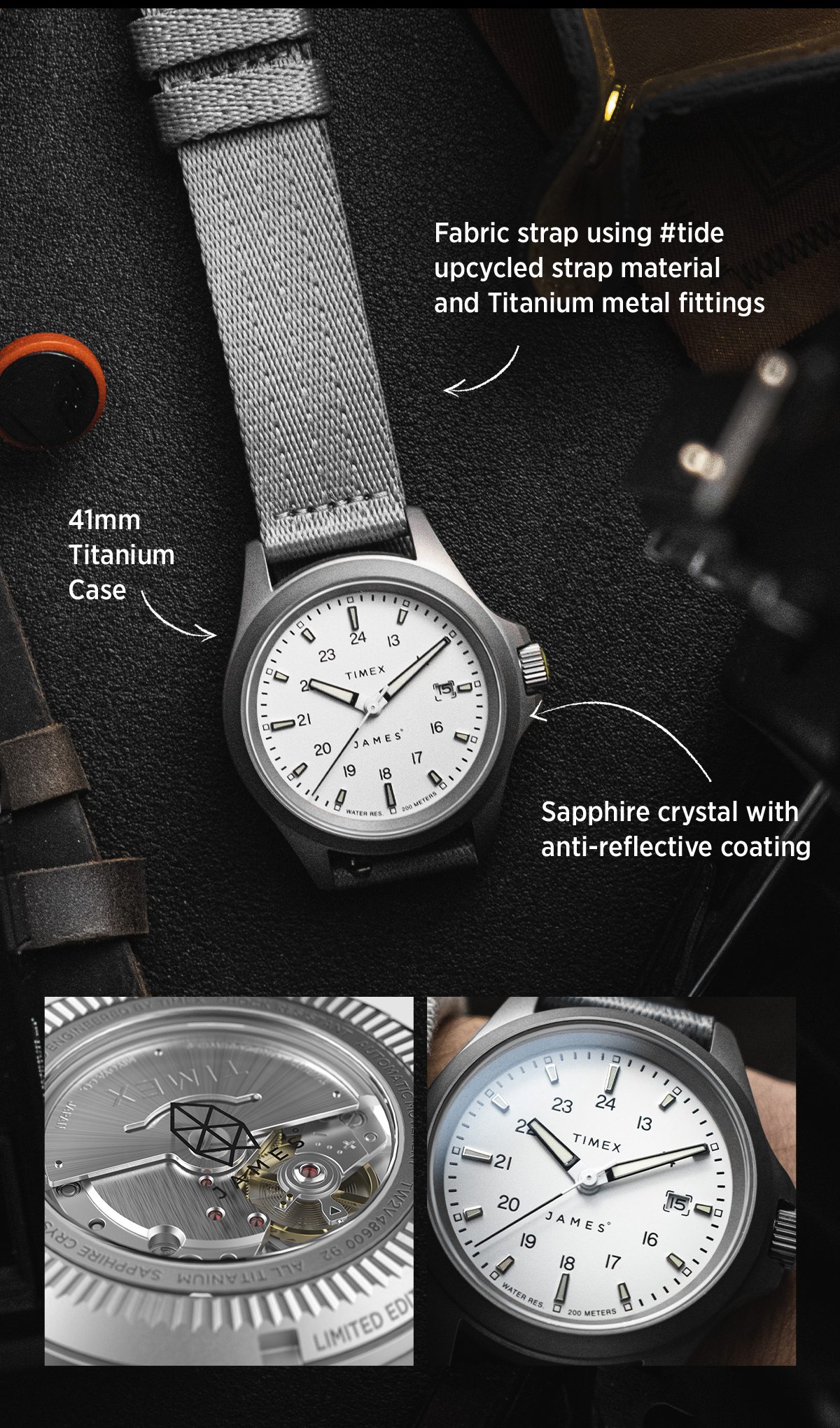 Fabric strap using #tide upcycled strap material and Titanium metal fittings | 41mm Titanium Case | Saphire crystal with anti-reflective coating