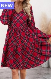 Wine Red Patchwork Plaid Long Sleeve V Neck Dress