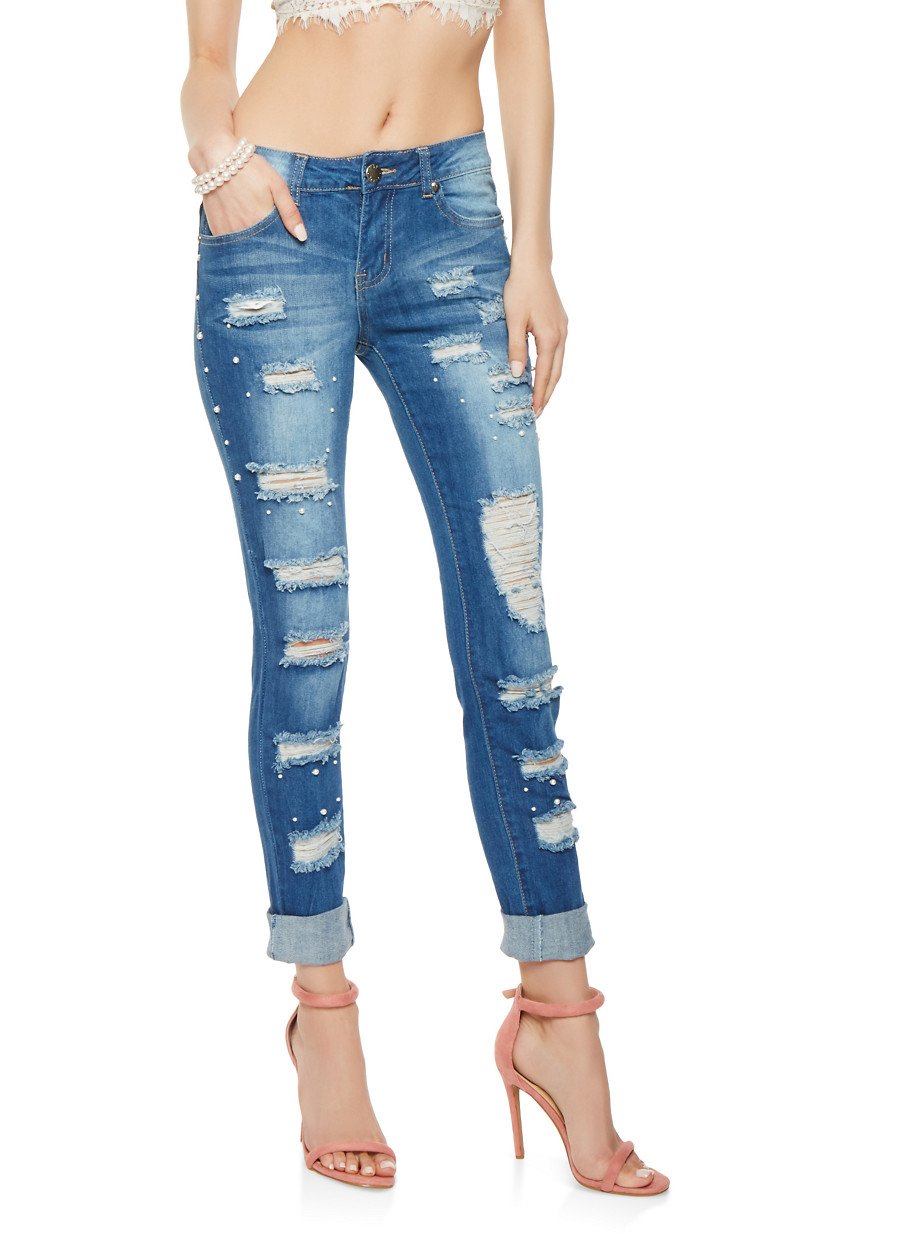 VIP Faux Pearl Studded Destroyed Jeans