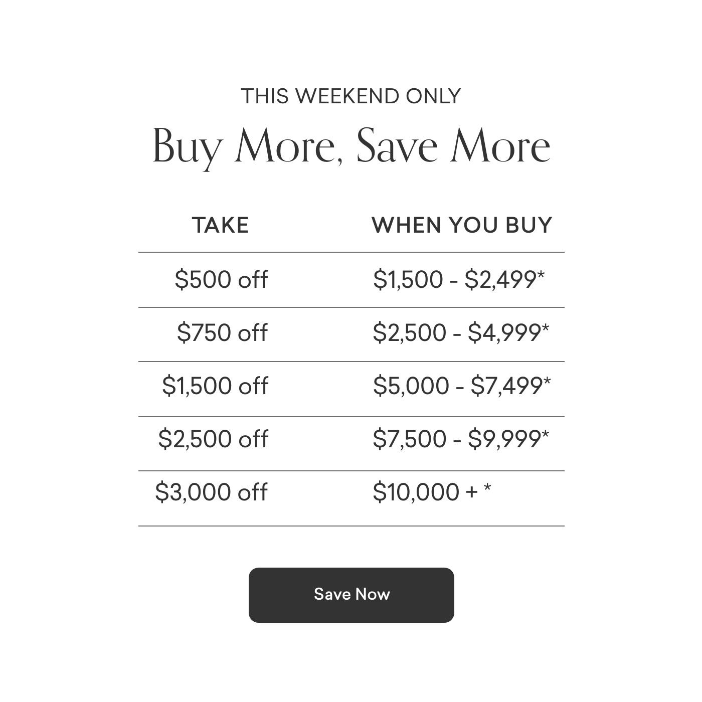 This Weekend Only. Buy More, Get More. Up to $3000 off your purchase. Shop Now