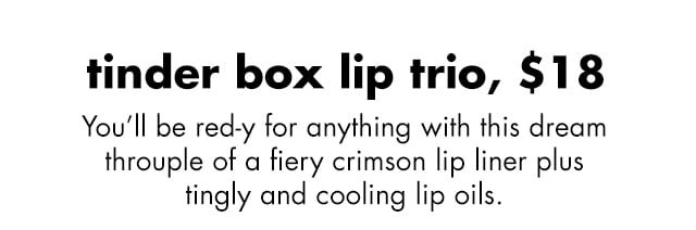 You'll be ready for anything with this dream throuple of a fiery crimson lip liner plus tingly and cooling lip oilsYou'll be ready for anything with this dream throuple of a fiery crimson lip liner plus tingly and cooling lip oils