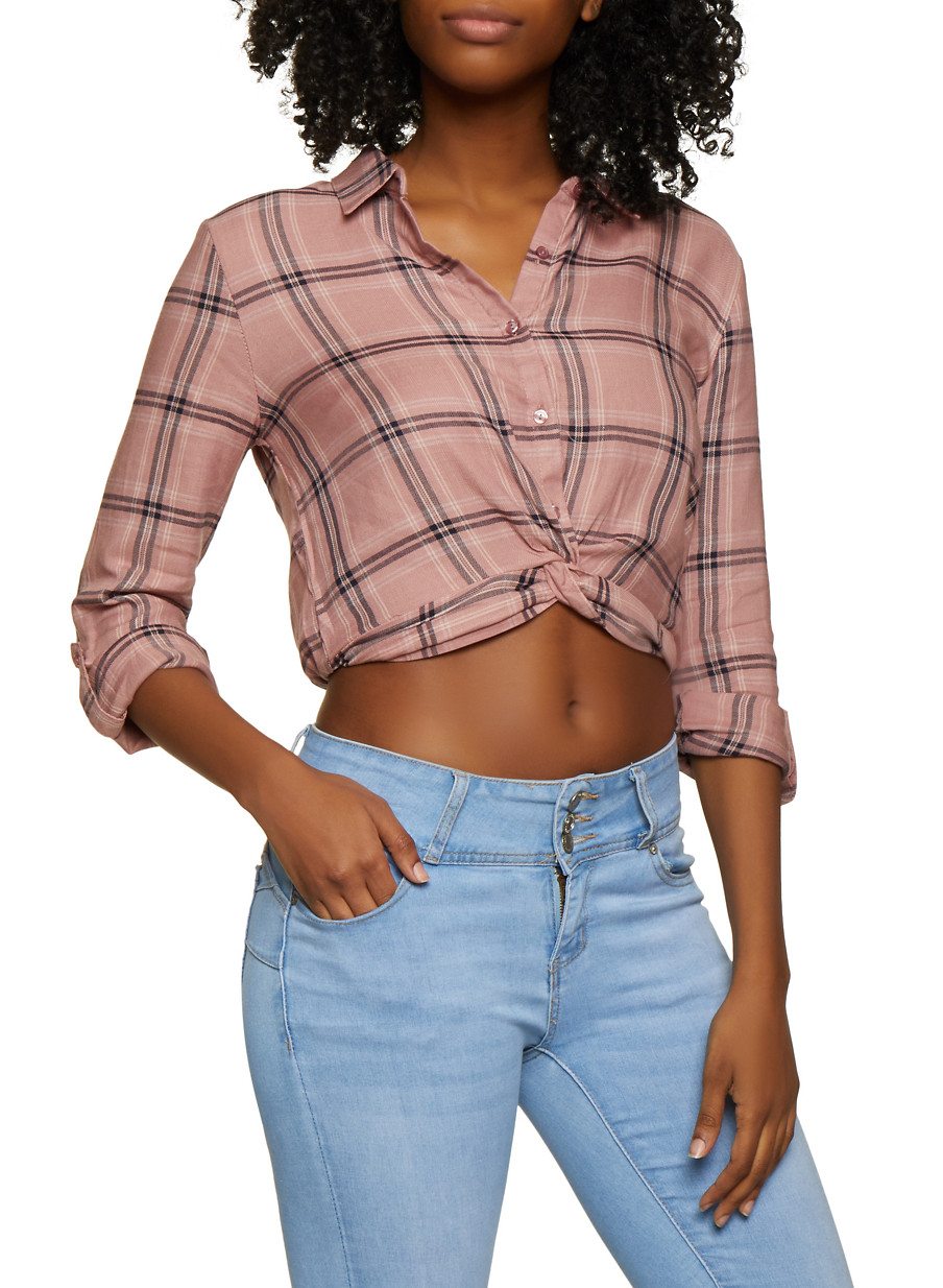 Plaid Twist Button Front Shirt