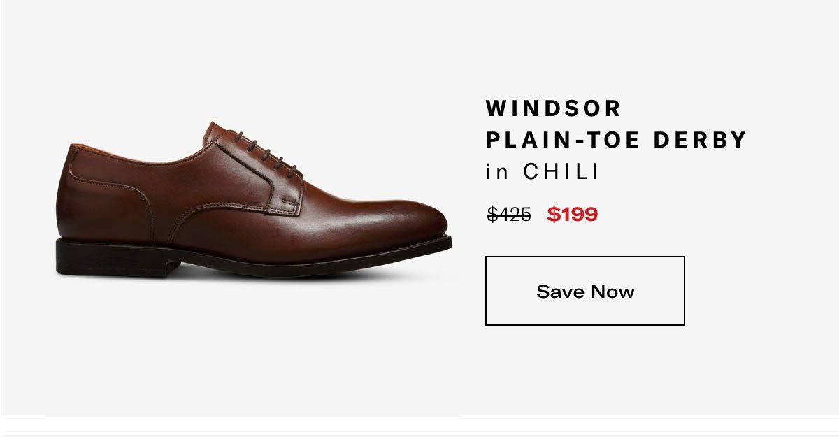 Click Here To Save On The Windsor Plain-toe Derby In Chili, Regular Price $425, Available For $199 During Black Friday Sale