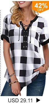 Lace Up Front Plaid Print Blouse