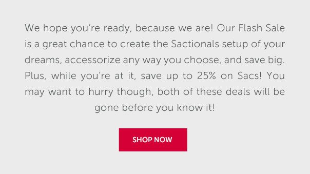 We hope you're ready, because we are! Our Flash Sale is a great chance to create the Sactionals setup of your dreams, accessorize any way you choose, and save big. Plus, while you're at it, save up to 25% on Sacs! you may want to hurry though, both of these deals will be gone before you know it! | SHOP NOW >>