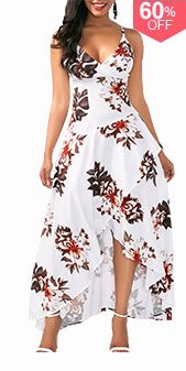 Asymmetric Hem Overlap Flower Print White Dress