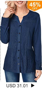 Navy Blue Split Neck Lace Panel Blouse