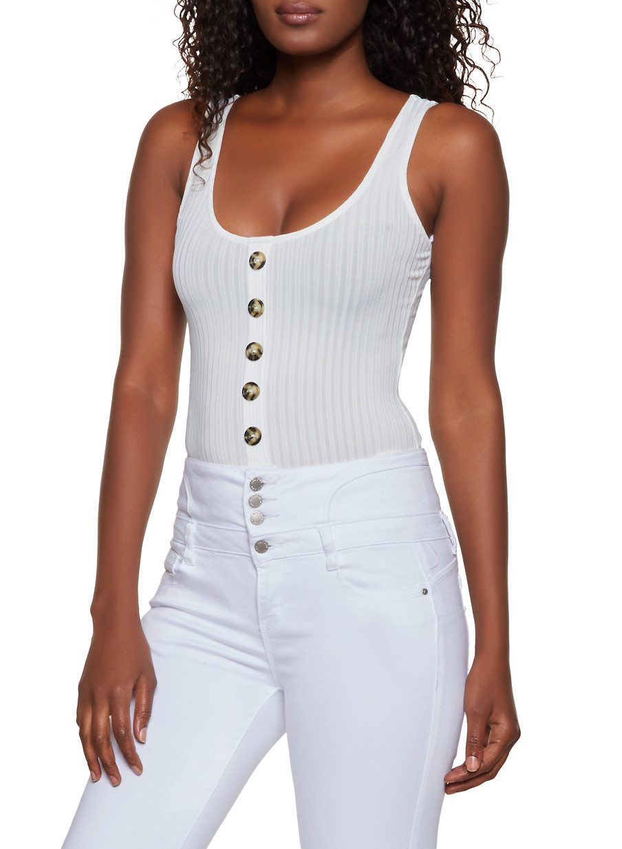 Ribbed Button Detail Thong Bodysuit