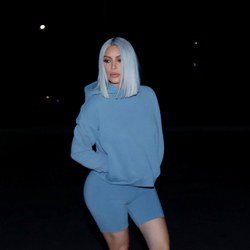 Kim Kardashian West in a straight blue chop.