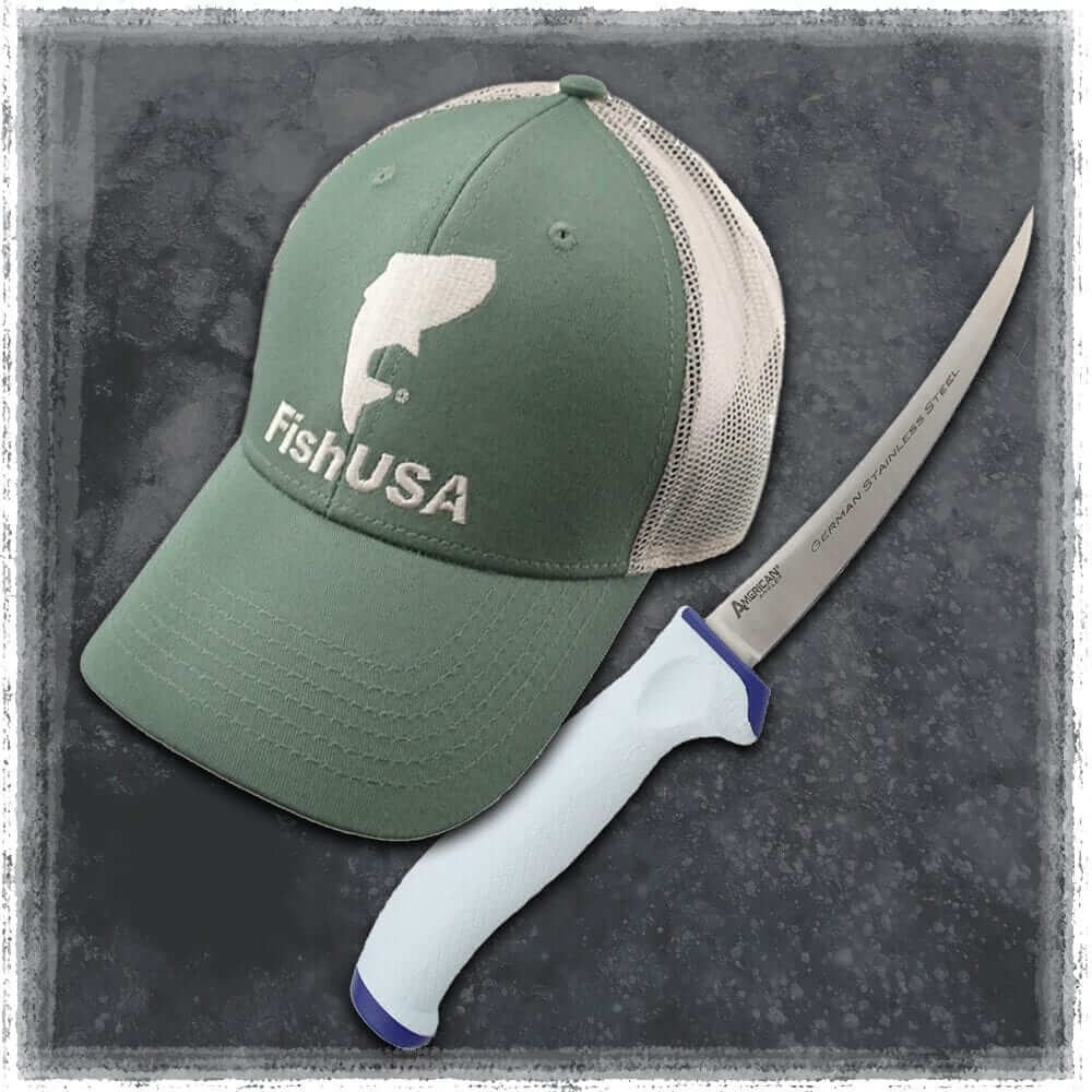 Get a FREE America Angler Delta 6in Curved Fillet Knife with the purchase of a FishUSA Premium Hat