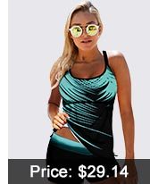 Strappy Back Cyan Palm Leaf Print Tankini Set