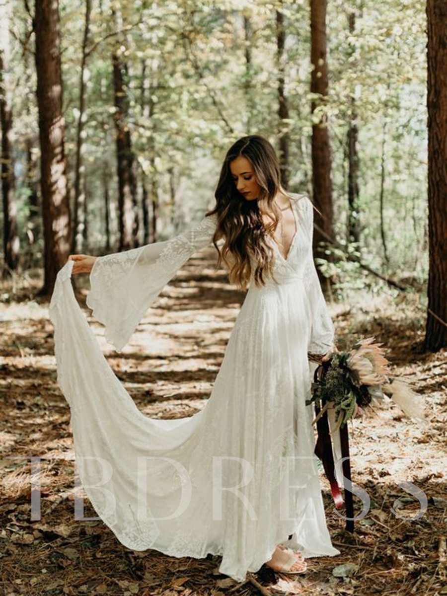 Lace A-Line V-Neck Court Beach Wedding Dress 2021