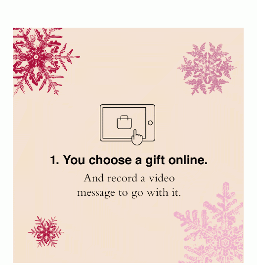 1. You choose a gift online. 2. They open it virtually. 3. We send it IRL.