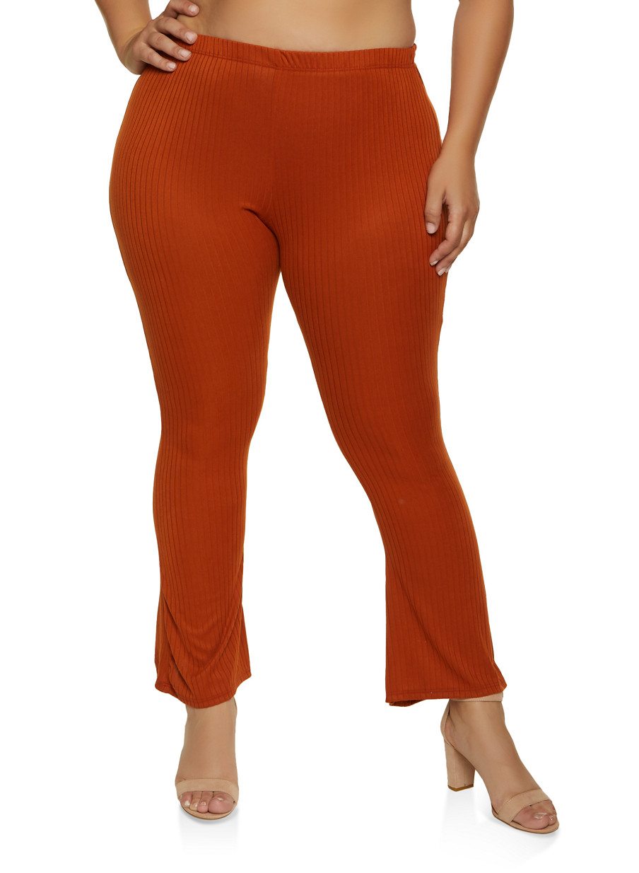 Plus Size Brushed Rib Knit Flared Pants