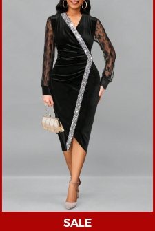 ROTITA Sequin Black V Neck Long Sleeve Dress