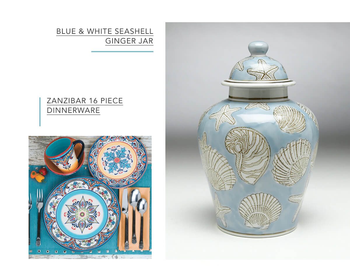 Zanzibar 16 Piece Stoneware Dinnerware Set, Blue and White Seashell Ginger Jar | SHOP NOW