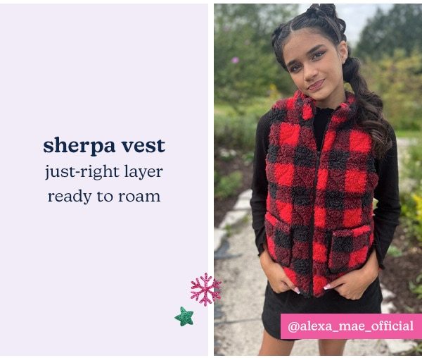 Sherpa vest. Just-right layer ready to roam. Models wearing evsie clothing. @alexa_mae_official