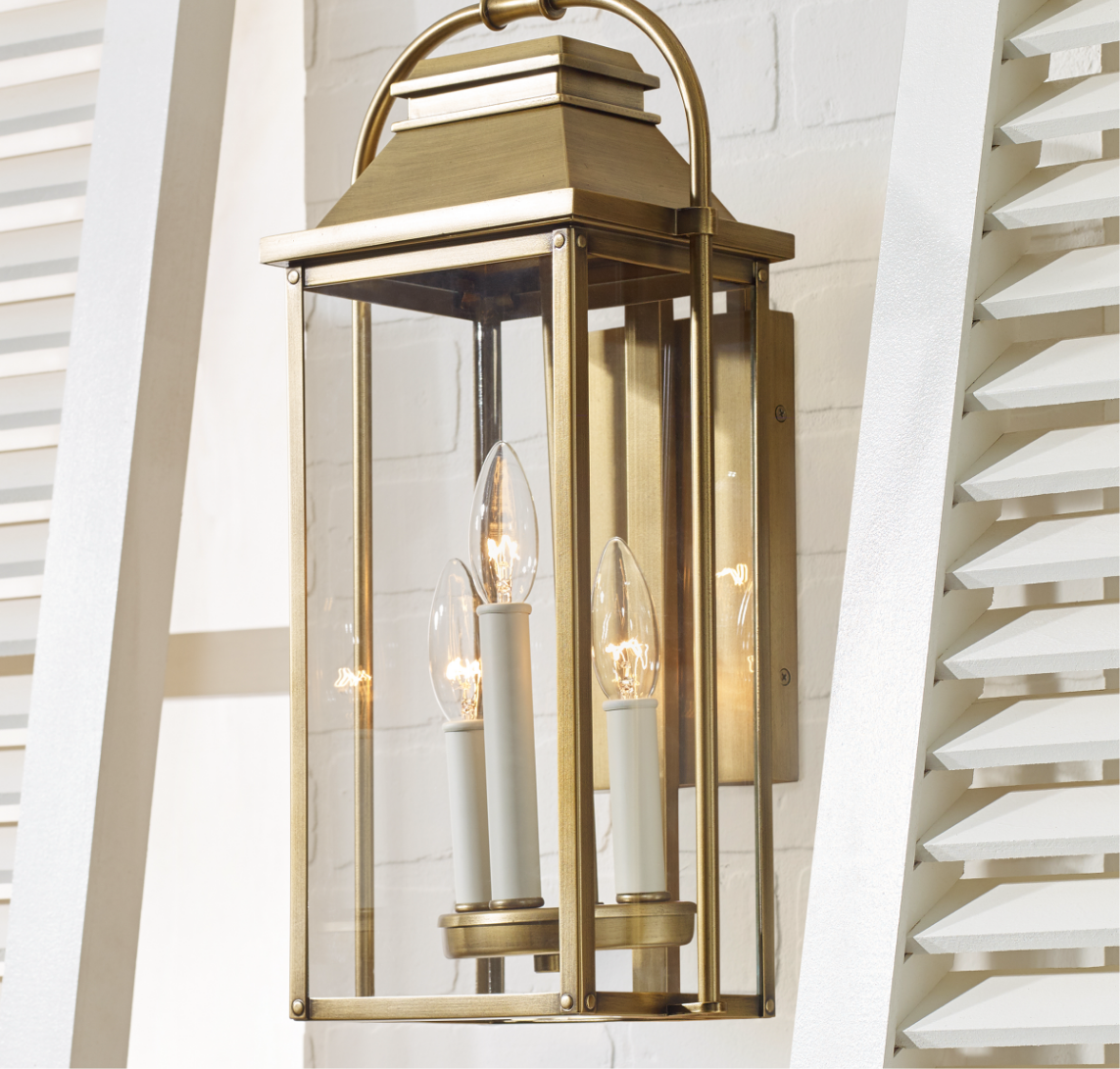 An outdoor light finished in brass