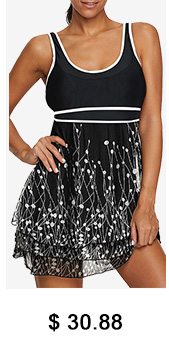 Scoop Back Printed Layered Black Swimdress and Shorts