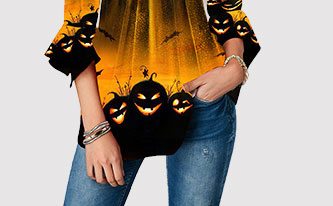 Halloween Pumpkin Print Flare Cuff Button Front Blouse