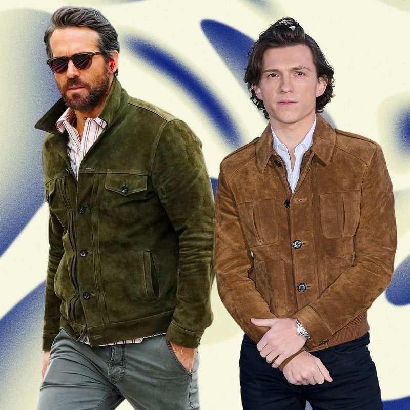 A collage of Oscar Isaac, Tom Holland, and ryan reynolds all wearing suede trucker jackets on a colorful background