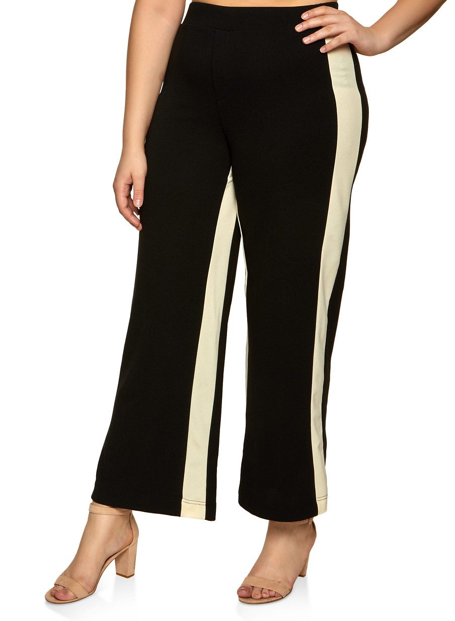 Plus Size Contrast Trim Crepe Knit Wide Leg Pants