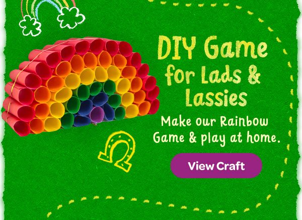 DIY St Patrick's Day game with rainbow construction paper bound together with glue and ribbon